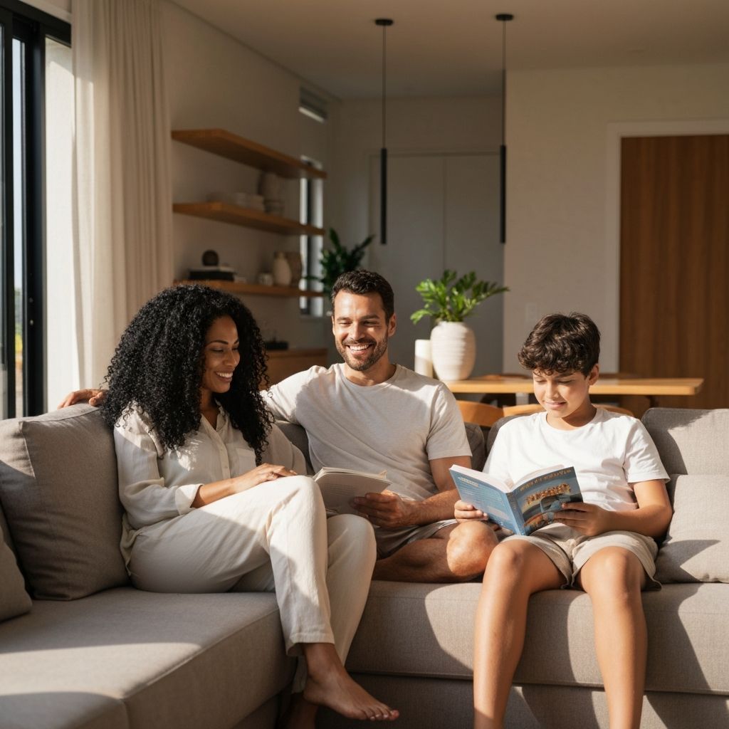 Familia confortavel em ambiente climatizado